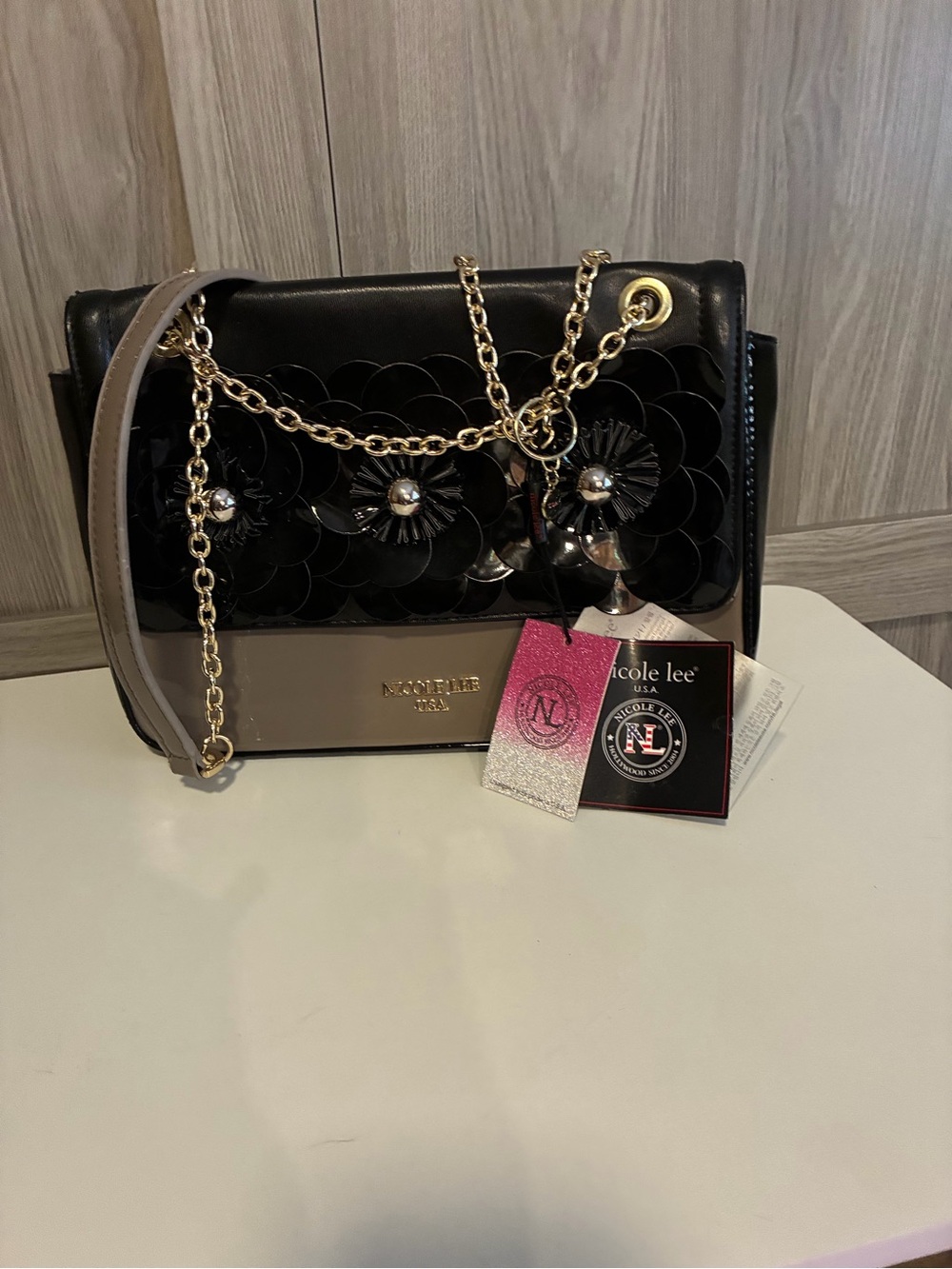 Nicole Lee Black and Taupe Floral Patent Chain Crossbody